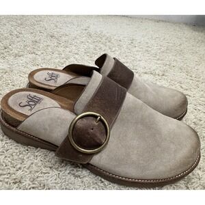 SOFFT Women's Billie Tan Suede Leather Slip On Clogs Mules Shoes Size 9.5 Buckle